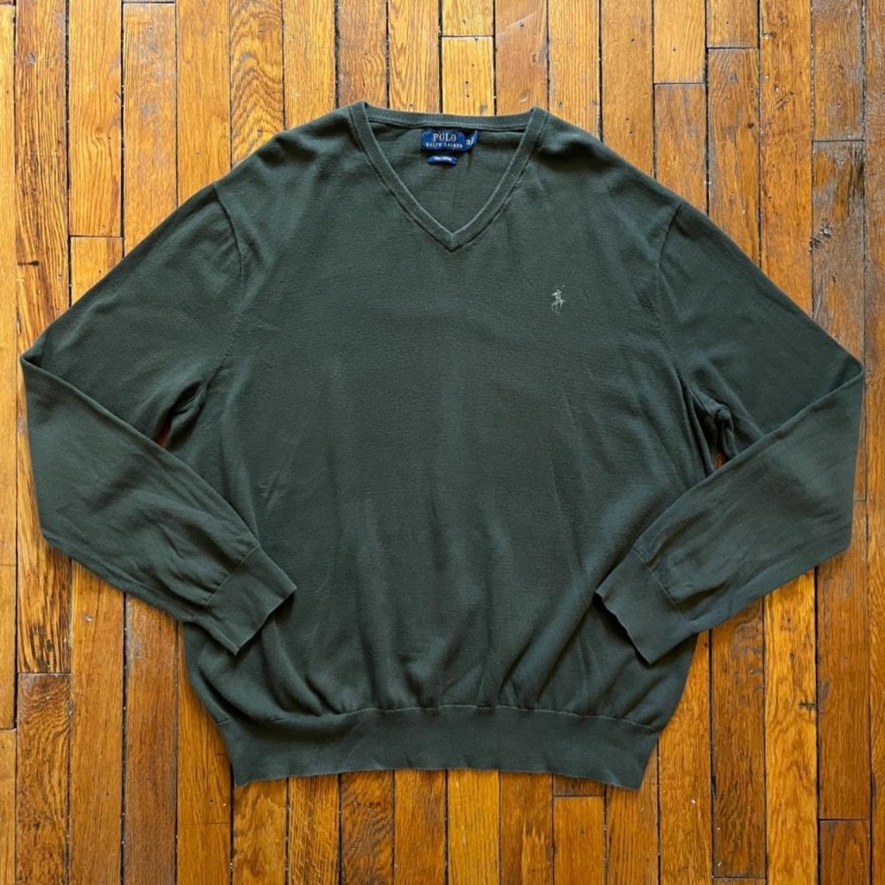Polo Ralph Lauren Pima Cotton Men's Dark Olive Green V Neck Pullover Sweater